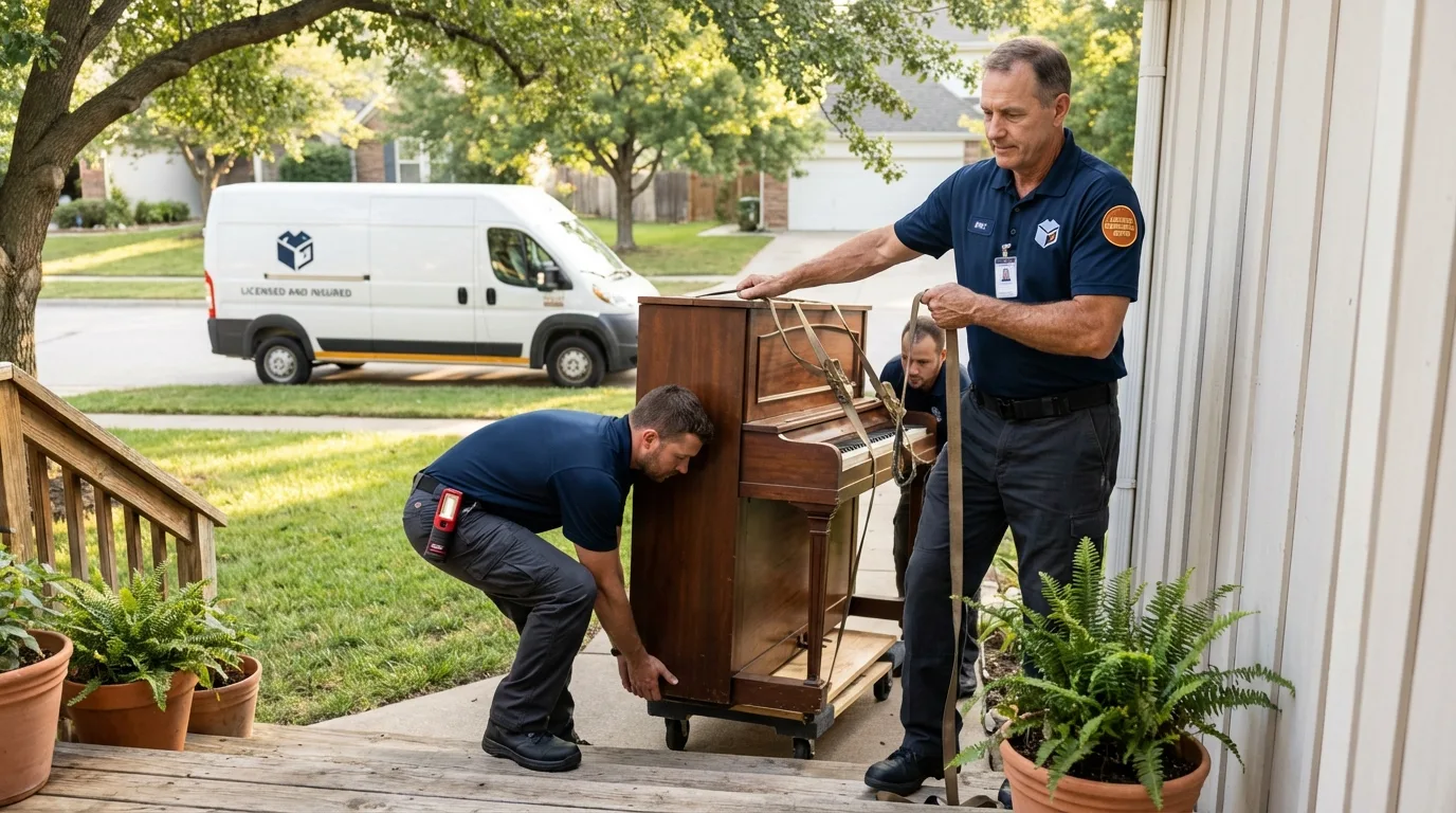 Licensed piano movers securing grand piano in Calhoun Falls, SC