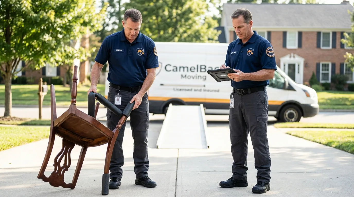 Movers inspecting furniture for damage prevention before loading in Calhoun Falls, SC